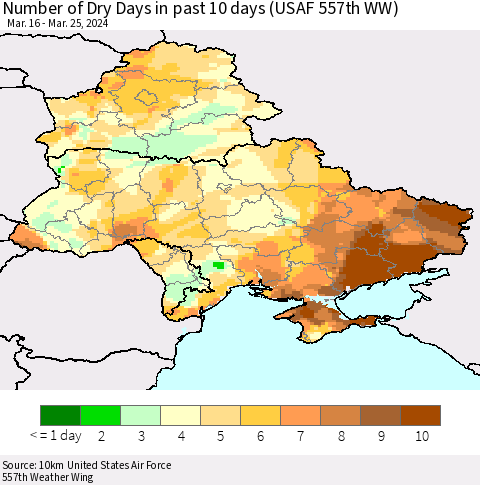 Ukraine, Moldova and Belarus Number of Dry Days in past 10 days (USAF 557th WW) Thematic Map For 3/21/2024 - 3/25/2024