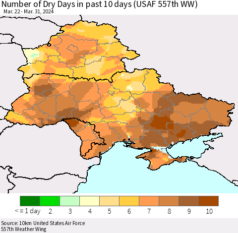 Ukraine, Moldova and Belarus Number of Dry Days in past 10 days (USAF 557th WW) Thematic Map For 3/26/2024 - 3/31/2024