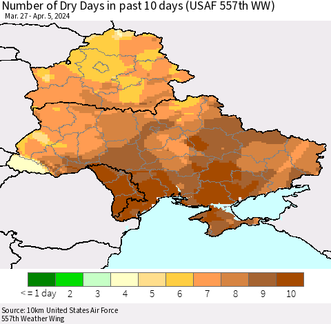 Ukraine, Moldova and Belarus Number of Dry Days in past 10 days (USAF 557th WW) Thematic Map For 4/1/2024 - 4/5/2024