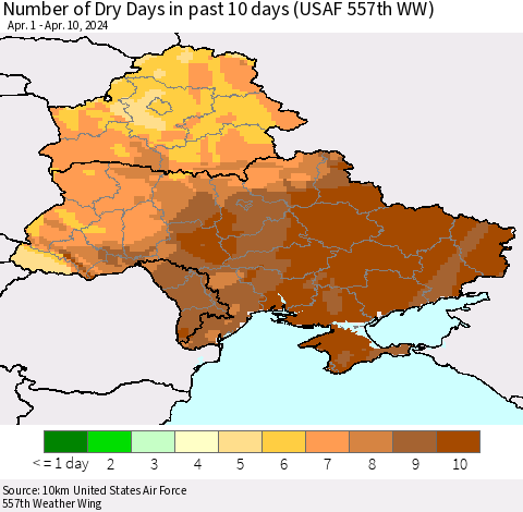 Ukraine, Moldova and Belarus Number of Dry Days in past 10 days (USAF 557th WW) Thematic Map For 4/6/2024 - 4/10/2024