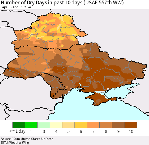 Ukraine, Moldova and Belarus Number of Dry Days in past 10 days (USAF 557th WW) Thematic Map For 4/11/2024 - 4/15/2024