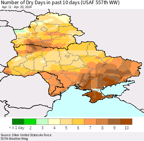 Ukraine, Moldova and Belarus Number of Dry Days in past 10 days (USAF 557th WW) Thematic Map For 4/16/2024 - 4/20/2024