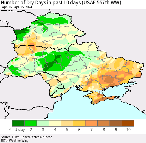 Ukraine, Moldova and Belarus Number of Dry Days in past 10 days (USAF 557th WW) Thematic Map For 4/21/2024 - 4/25/2024