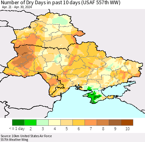 Ukraine, Moldova and Belarus Number of Dry Days in past 10 days (USAF 557th WW) Thematic Map For 4/26/2024 - 4/30/2024