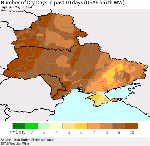 Ukraine, Moldova and Belarus Number of Dry Days in past 10 days (USAF 557th WW) Thematic Map For 5/1/2024 - 5/5/2024