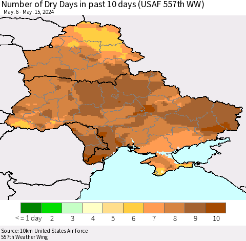 Ukraine, Moldova and Belarus Number of Dry Days in past 10 days (USAF 557th WW) Thematic Map For 5/11/2024 - 5/15/2024