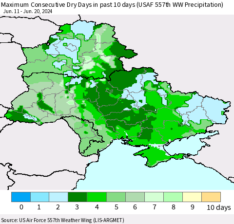 Ukraine, Moldova and Belarus Maximum Consecutive Dry Days in past 10 days (USAF 557th WW Precipitation) Thematic Map For 6/16/2024 - 6/20/2024