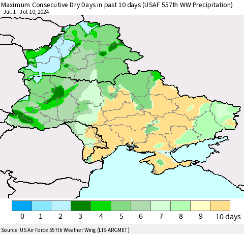 Ukraine, Moldova and Belarus Maximum Consecutive Dry Days in past 10 days (USAF 557th WW Precipitation) Thematic Map For 7/6/2024 - 7/10/2024