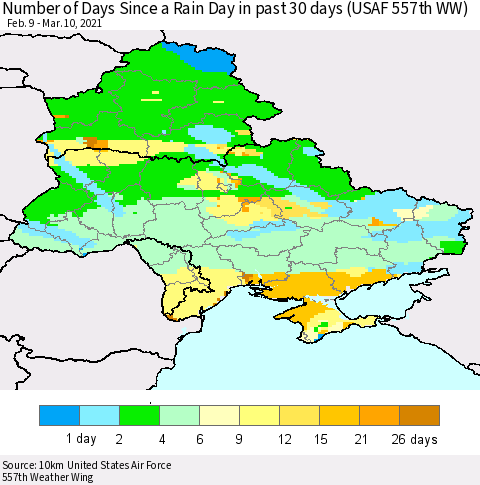 Ukraine, Moldova and Belarus Number of Days Since a Rain Day in past 30 days (USAF 557th WW) Thematic Map For 3/6/2021 - 3/10/2021