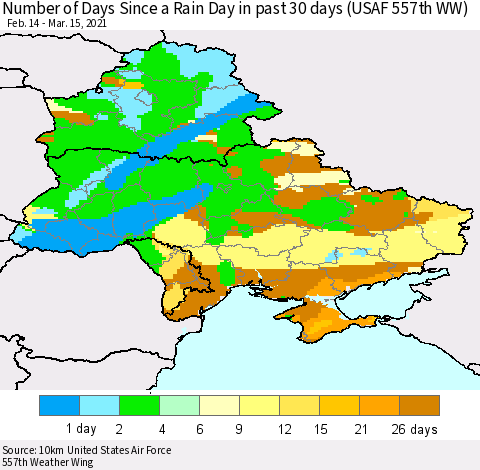 Ukraine, Moldova and Belarus Number of Days Since a Rain Day in past 30 days (USAF 557th WW) Thematic Map For 3/11/2021 - 3/15/2021