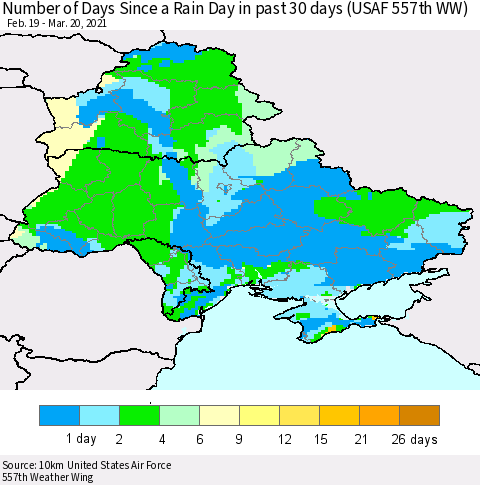Ukraine, Moldova and Belarus Number of Days Since a Rain Day in past 30 days (USAF 557th WW) Thematic Map For 3/16/2021 - 3/20/2021