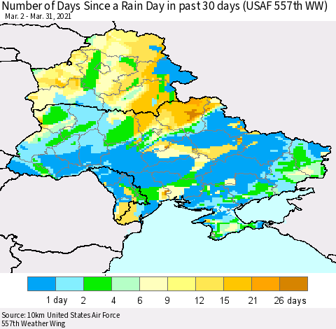 Ukraine, Moldova and Belarus Number of Days Since a Rain Day in past 30 days (USAF 557th WW) Thematic Map For 3/26/2021 - 3/31/2021