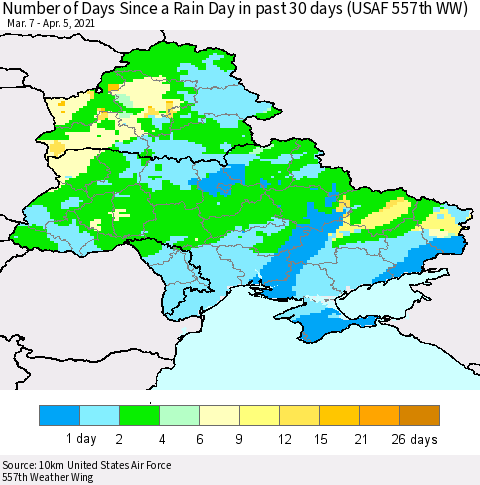Ukraine, Moldova and Belarus Number of Days Since a Rain Day in past 30 days (USAF 557th WW) Thematic Map For 4/1/2021 - 4/5/2021