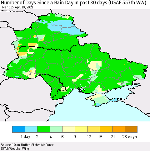 Ukraine, Moldova and Belarus Number of Days Since a Rain Day in past 30 days (USAF 557th WW) Thematic Map For 4/6/2021 - 4/10/2021