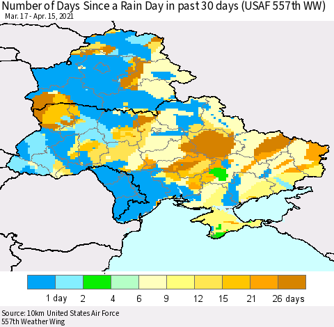 Ukraine, Moldova and Belarus Number of Days Since a Rain Day in past 30 days (USAF 557th WW) Thematic Map For 4/11/2021 - 4/15/2021