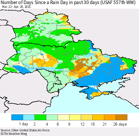 Ukraine, Moldova and Belarus Number of Days Since a Rain Day in past 30 days (USAF 557th WW) Thematic Map For 4/16/2021 - 4/20/2021