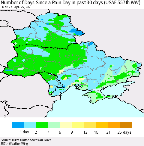 Ukraine, Moldova and Belarus Number of Days Since a Rain Day in past 30 days (USAF 557th WW) Thematic Map For 4/21/2021 - 4/25/2021