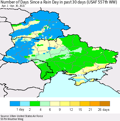 Ukraine, Moldova and Belarus Number of Days Since a Rain Day in past 30 days (USAF 557th WW) Thematic Map For 4/26/2021 - 4/30/2021