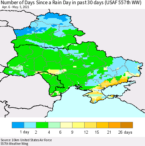 Ukraine, Moldova and Belarus Number of Days Since a Rain Day in past 30 days (USAF 557th WW) Thematic Map For 5/1/2021 - 5/5/2021