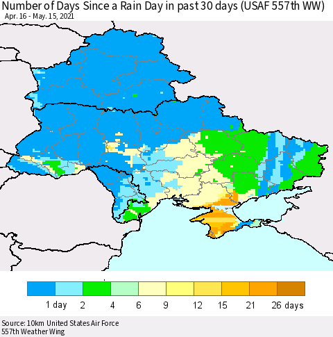Ukraine, Moldova and Belarus Number of Days Since a Rain Day in past 30 days (USAF 557th WW) Thematic Map For 5/11/2021 - 5/15/2021