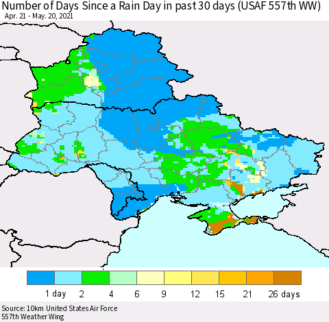 Ukraine, Moldova and Belarus Number of Days Since a Rain Day in past 30 days (USAF 557th WW) Thematic Map For 5/16/2021 - 5/20/2021