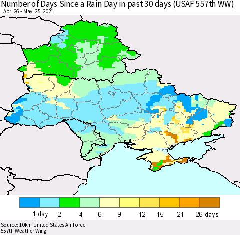 Ukraine, Moldova and Belarus Number of Days Since a Rain Day in past 30 days (USAF 557th WW) Thematic Map For 5/21/2021 - 5/25/2021