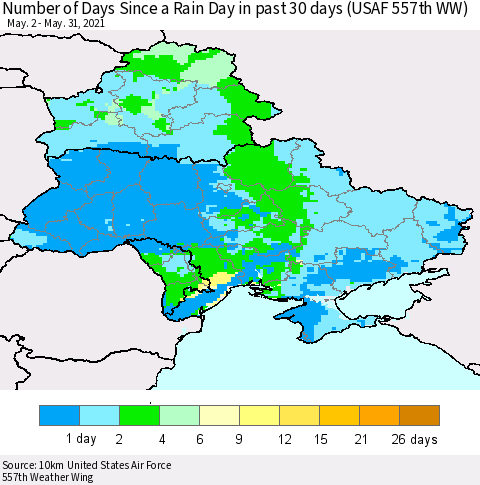 Ukraine, Moldova and Belarus Number of Days Since a Rain Day in past 30 days (USAF 557th WW) Thematic Map For 5/26/2021 - 5/31/2021