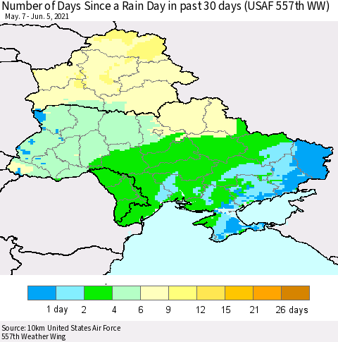 Ukraine, Moldova and Belarus Number of Days Since a Rain Day in past 30 days (USAF 557th WW) Thematic Map For 6/1/2021 - 6/5/2021