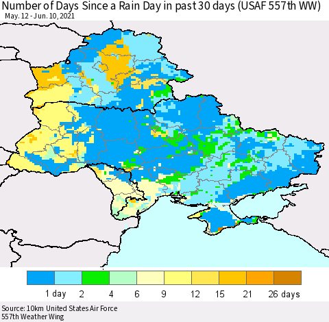 Ukraine, Moldova and Belarus Number of Days Since a Rain Day in past 30 days (USAF 557th WW) Thematic Map For 6/6/2021 - 6/10/2021
