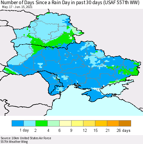 Ukraine, Moldova and Belarus Number of Days Since a Rain Day in past 30 days (USAF 557th WW) Thematic Map For 6/11/2021 - 6/15/2021
