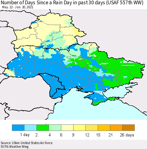 Ukraine, Moldova and Belarus Number of Days Since a Rain Day in past 30 days (USAF 557th WW) Thematic Map For 6/16/2021 - 6/20/2021