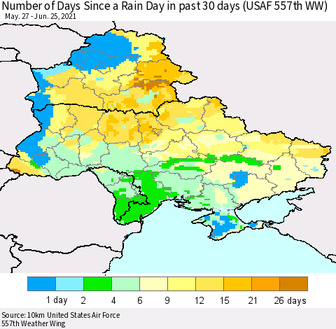 Ukraine, Moldova and Belarus Number of Days Since a Rain Day in past 30 days (USAF 557th WW) Thematic Map For 6/21/2021 - 6/25/2021