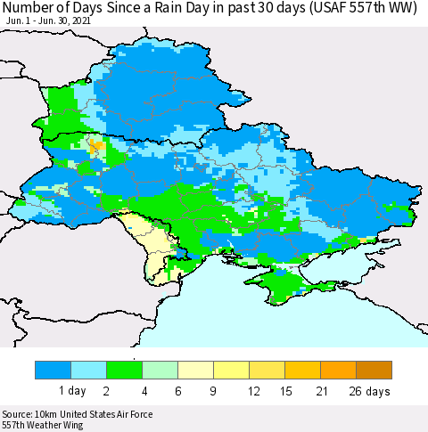 Ukraine, Moldova and Belarus Number of Days Since a Rain Day in past 30 days (USAF 557th WW) Thematic Map For 6/26/2021 - 6/30/2021