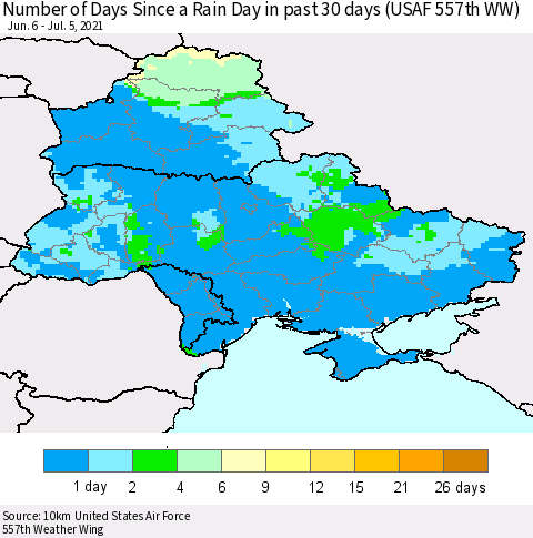 Ukraine, Moldova and Belarus Number of Days Since a Rain Day in past 30 days (USAF 557th WW) Thematic Map For 7/1/2021 - 7/5/2021