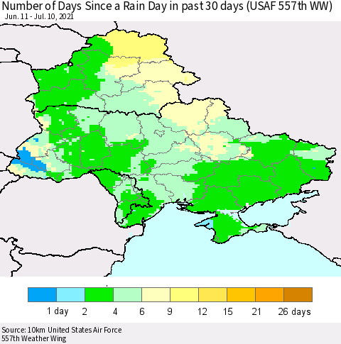 Ukraine, Moldova and Belarus Number of Days Since a Rain Day in past 30 days (USAF 557th WW) Thematic Map For 7/6/2021 - 7/10/2021