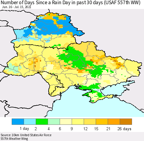 Ukraine, Moldova and Belarus Number of Days Since a Rain Day in past 30 days (USAF 557th WW) Thematic Map For 7/11/2021 - 7/15/2021