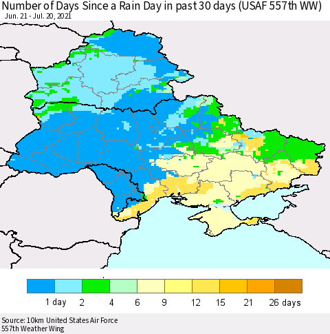 Ukraine, Moldova and Belarus Number of Days Since a Rain Day in past 30 days (USAF 557th WW) Thematic Map For 7/16/2021 - 7/20/2021