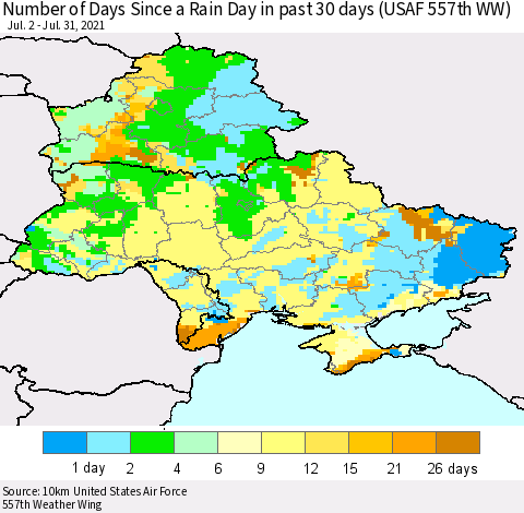 Ukraine, Moldova and Belarus Number of Days Since a Rain Day in past 30 days (USAF 557th WW) Thematic Map For 7/26/2021 - 7/31/2021