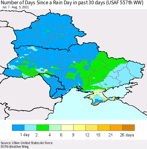Ukraine, Moldova and Belarus Number of Days Since a Rain Day in past 30 days (USAF 557th WW) Thematic Map For 8/1/2021 - 8/5/2021