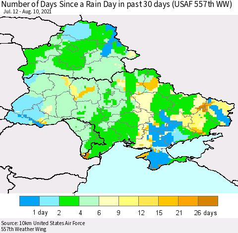 Ukraine, Moldova and Belarus Number of Days Since a Rain Day in past 30 days (USAF 557th WW) Thematic Map For 8/6/2021 - 8/10/2021