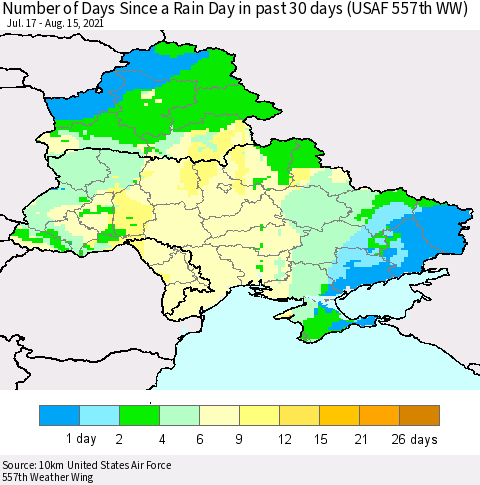 Ukraine, Moldova and Belarus Number of Days Since a Rain Day in past 30 days (USAF 557th WW) Thematic Map For 8/11/2021 - 8/15/2021