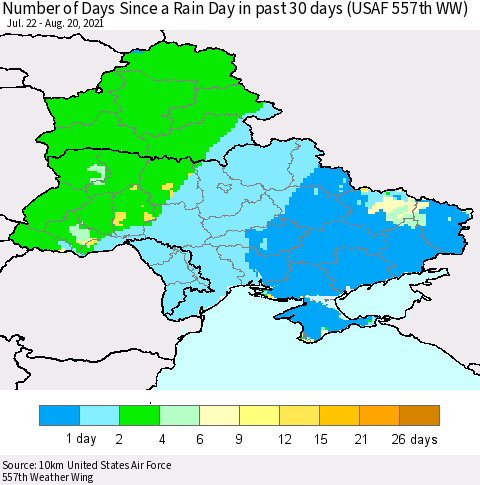 Ukraine, Moldova and Belarus Number of Days Since a Rain Day in past 30 days (USAF 557th WW) Thematic Map For 8/16/2021 - 8/20/2021
