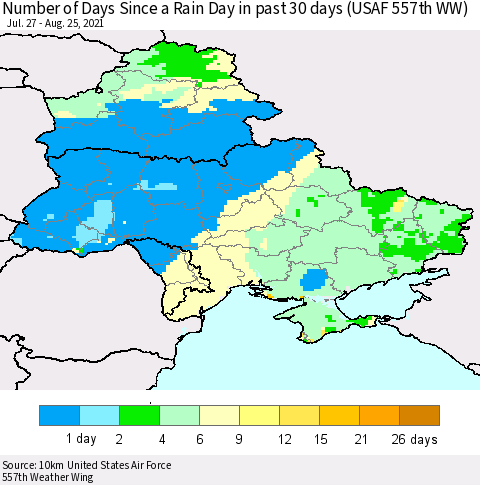 Ukraine, Moldova and Belarus Number of Days Since a Rain Day in past 30 days (USAF 557th WW) Thematic Map For 8/21/2021 - 8/25/2021
