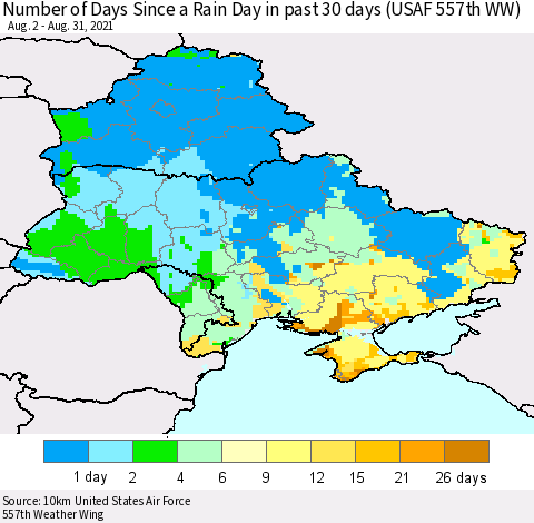 Ukraine, Moldova and Belarus Number of Days Since a Rain Day in past 30 days (USAF 557th WW) Thematic Map For 8/26/2021 - 8/31/2021