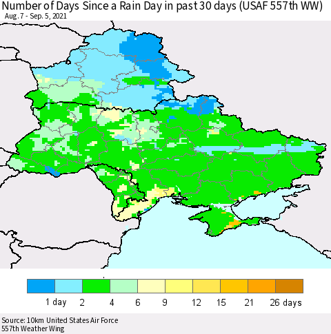Ukraine, Moldova and Belarus Number of Days Since a Rain Day in past 30 days (USAF 557th WW) Thematic Map For 9/1/2021 - 9/5/2021