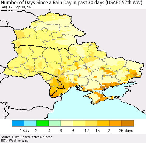 Ukraine, Moldova and Belarus Number of Days Since a Rain Day in past 30 days (USAF 557th WW) Thematic Map For 9/6/2021 - 9/10/2021