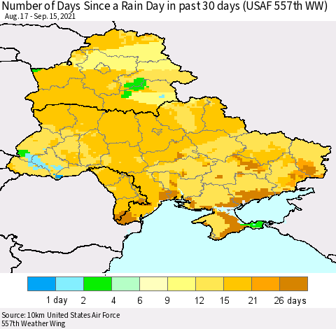 Ukraine, Moldova and Belarus Number of Days Since a Rain Day in past 30 days (USAF 557th WW) Thematic Map For 9/11/2021 - 9/15/2021