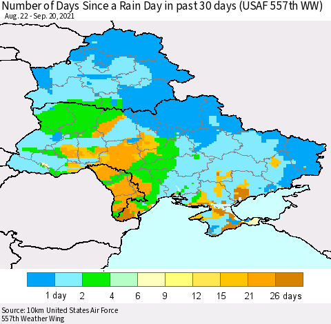 Ukraine, Moldova and Belarus Number of Days Since a Rain Day in past 30 days (USAF 557th WW) Thematic Map For 9/16/2021 - 9/20/2021