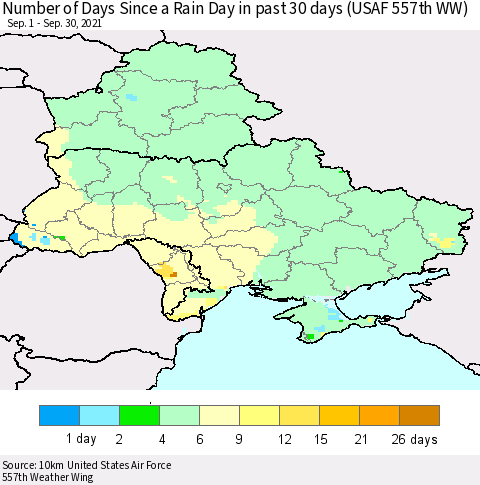 Ukraine, Moldova and Belarus Number of Days Since a Rain Day in past 30 days (USAF 557th WW) Thematic Map For 9/26/2021 - 9/30/2021