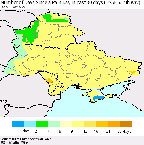 Ukraine, Moldova and Belarus Number of Days Since a Rain Day in past 30 days (USAF 557th WW) Thematic Map For 10/1/2021 - 10/5/2021
